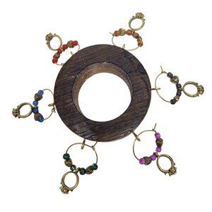 Wedding Ring Themed Wine Glass Charms Set - 6 Unique Charms With Beads & Wood Ho